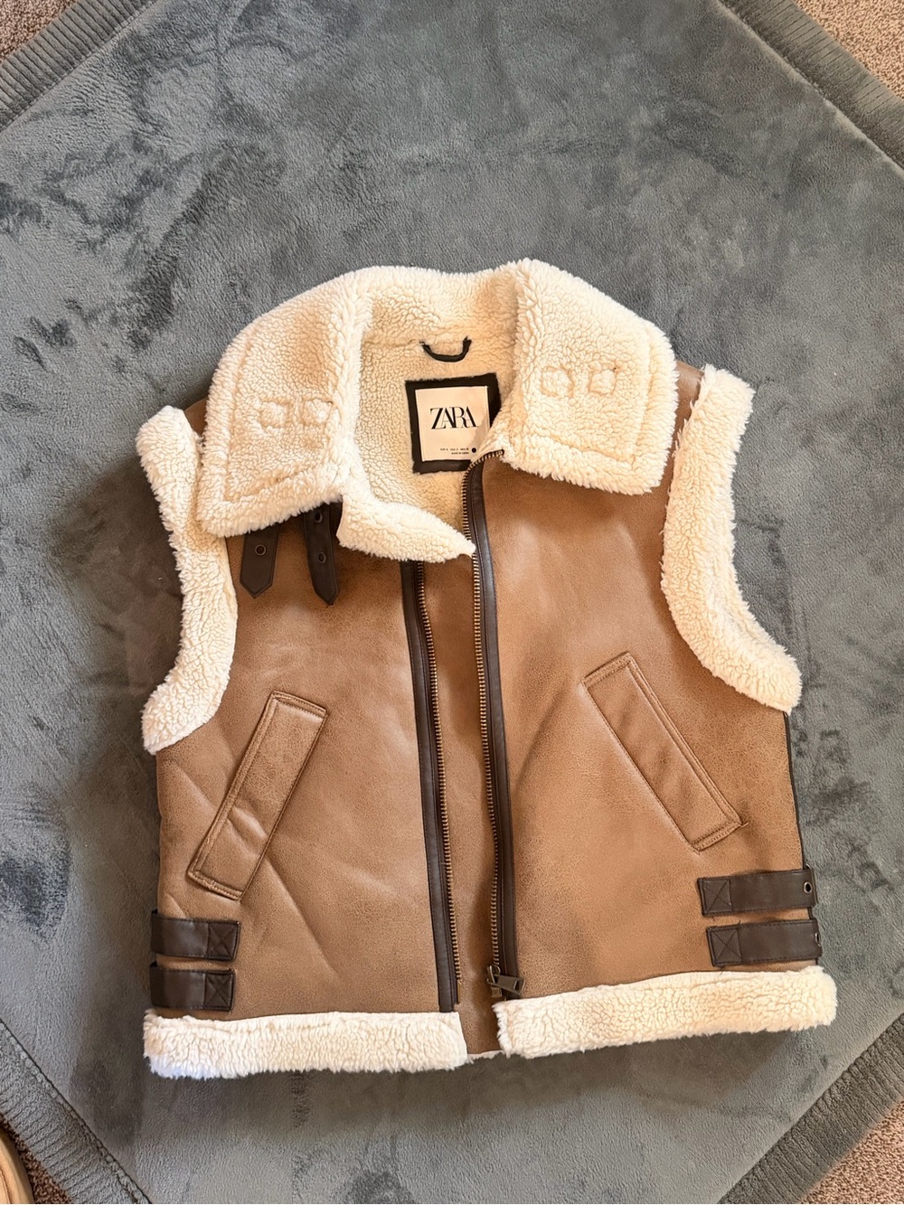 Zara Tan Vest with Cream Faux-Shearling Trim